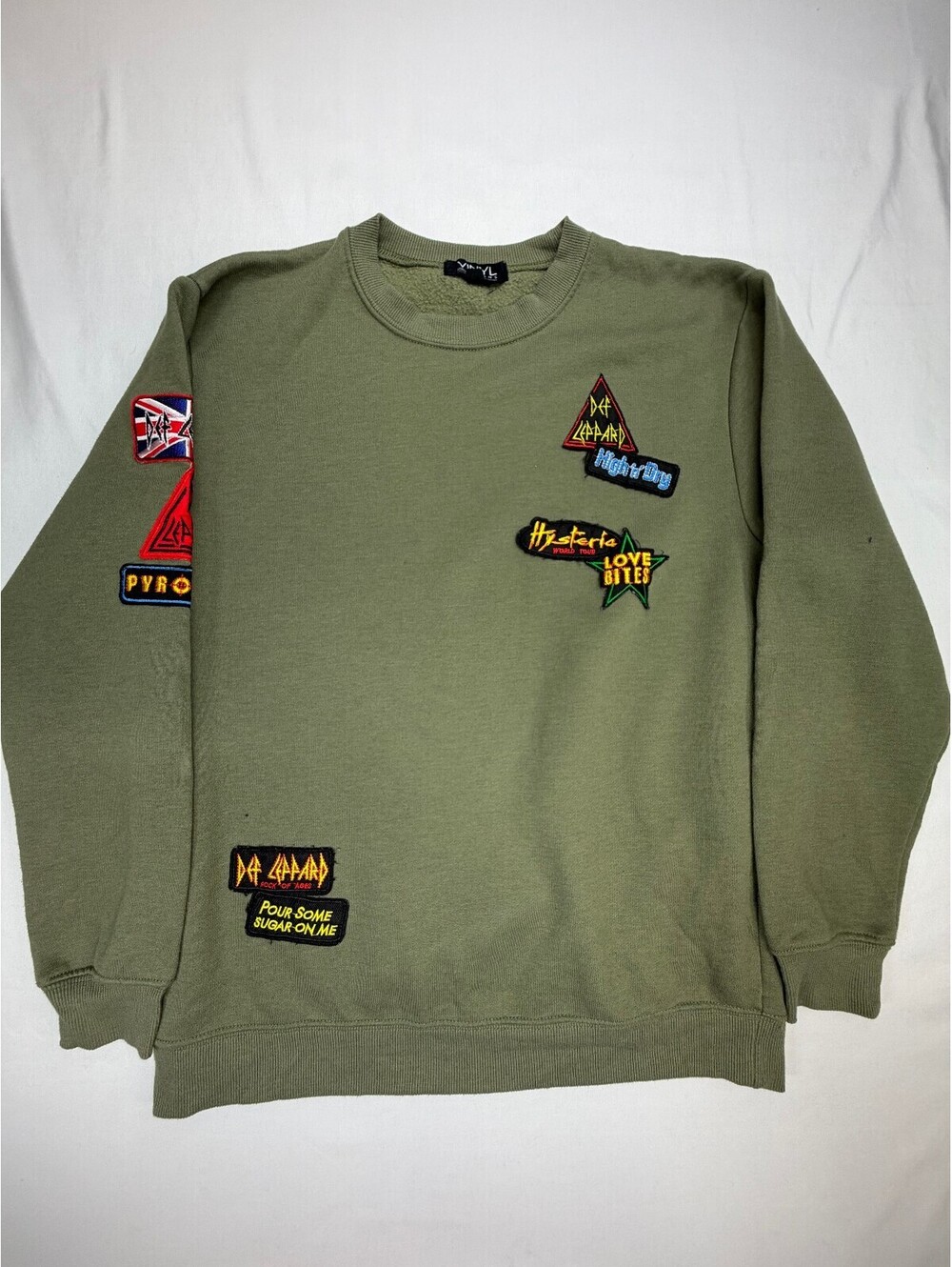 Vinyl Icons Mens Pullover Sweatshirt Fleece Patchwork Crew Neck Size Small Green